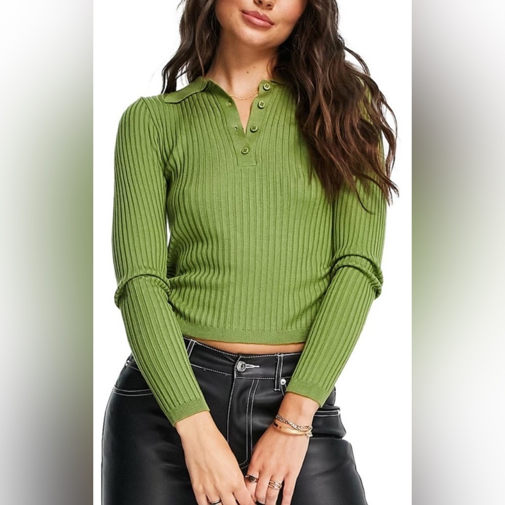 NWOT Topshop Ribbed Long Sleeve Polo Top Olive Nordstrom US 12